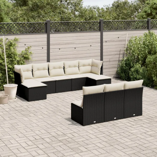 vidaXL 10-delige Loungeset met kussens poly rattan zwart, foto 2