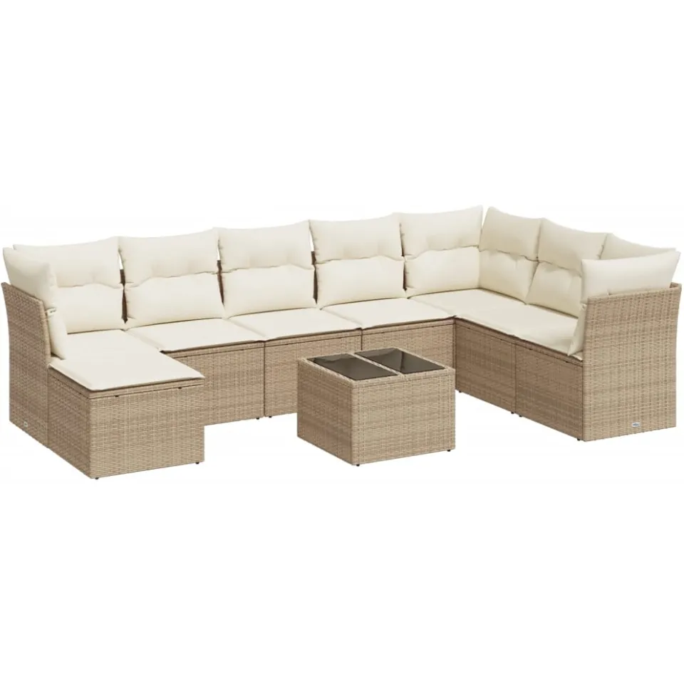 vidaXL 9-delige Loungeset met kussens poly rattan beige, foto 3