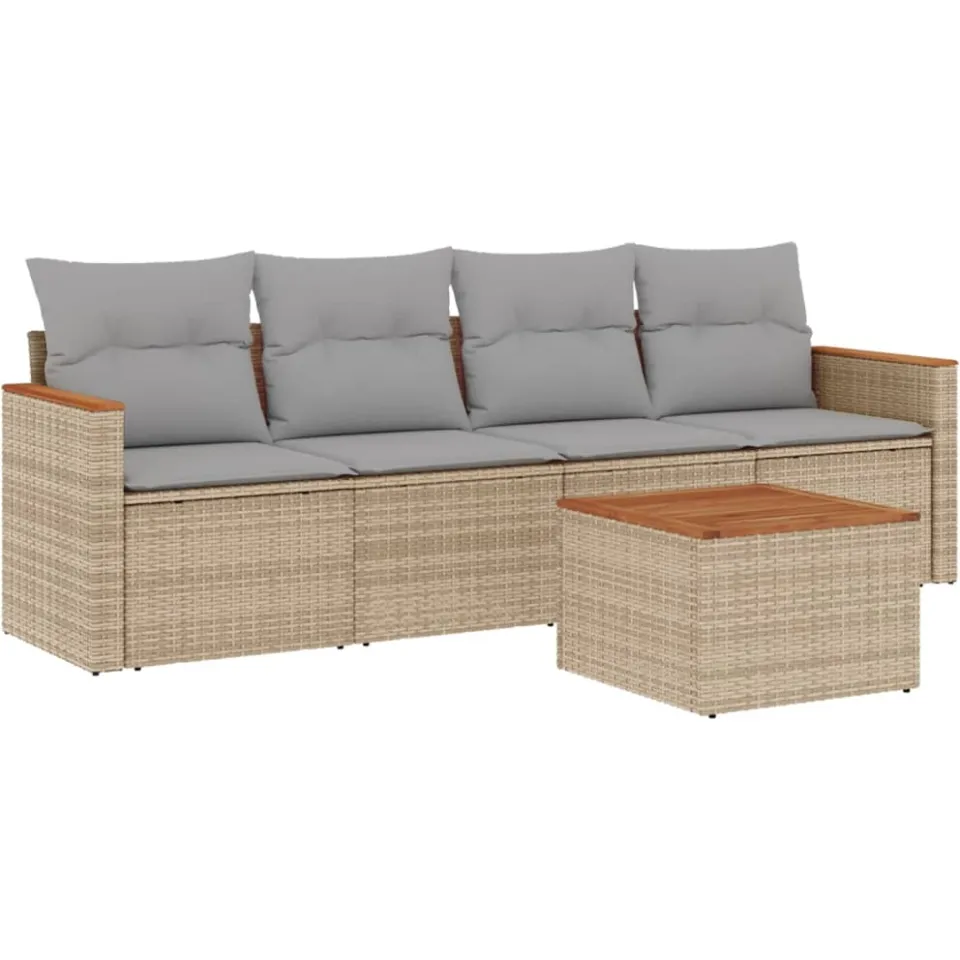 vidaXL 5-delige Loungeset met kussens poly rattan gemengd beige, foto 3