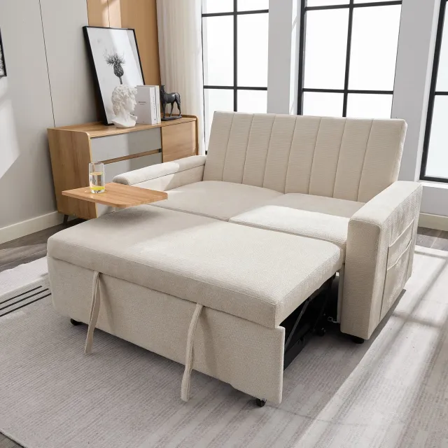 MODENUIT Slaapbank 140 x 84,5 x 84 cm - 2-Zits Uitschuifbaar - Woonkamer en Logeerkamer - Chenille - Beige