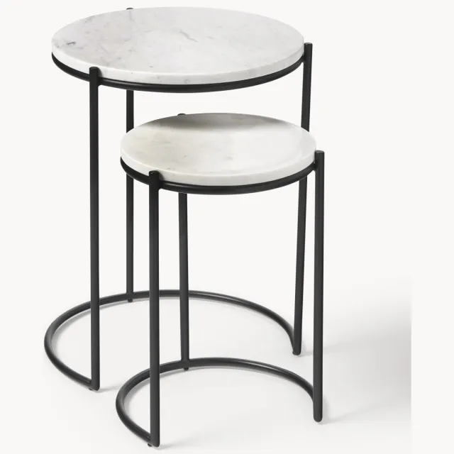 Westwing Collection Marmeren bijzettafels Ella, set van 2 Wit, Zwart