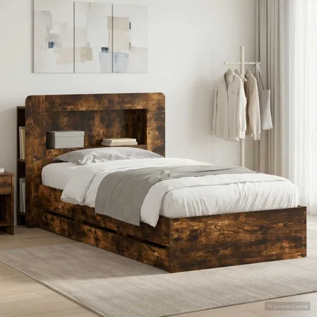 vidaXL Bedframe met opbergruimte en hoofdbord met lade Gerookt eiken Bruin