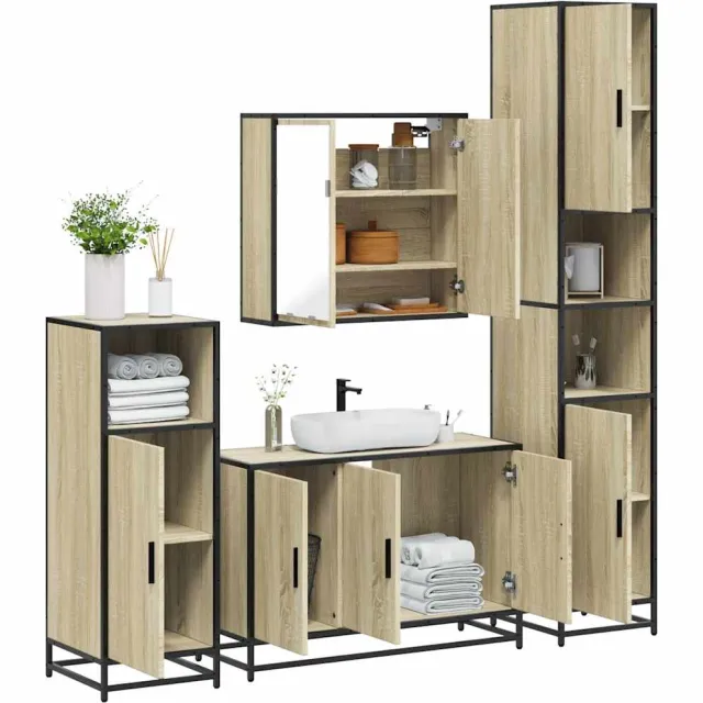 vidaXL 4-delige Badkamermeubelset bewerkt hout sonoma eikenkleurig Bruin