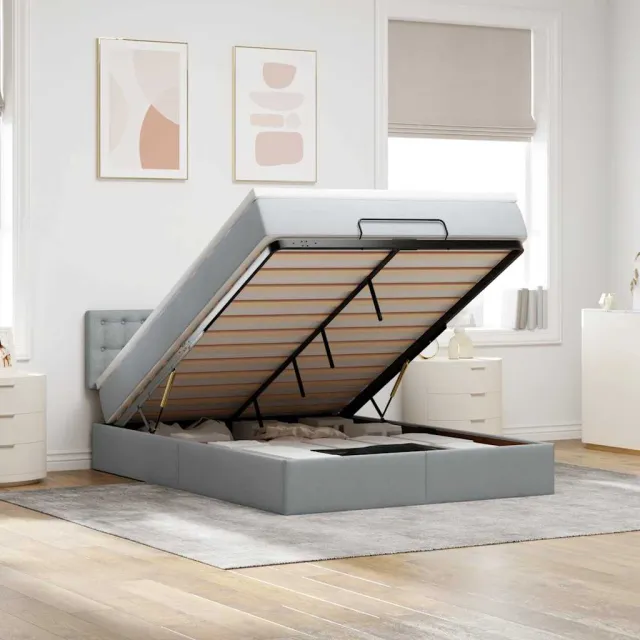 vidaXL Ottoman bed met matras 140x200cm stof lichtgrijs grijs