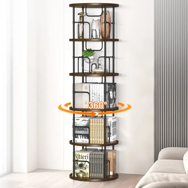 XIIW-PREMIUM 360° Draaibare Houten Boekenkast 160x45x45cm 5-Etage Vrijstaand Boekentoren Hoek Boekenplank Opbergrek Organiser met Zijrails voor Display Woonkamer Slaapkamer Kantoor Thuiskantoor, Houtnerfkleur