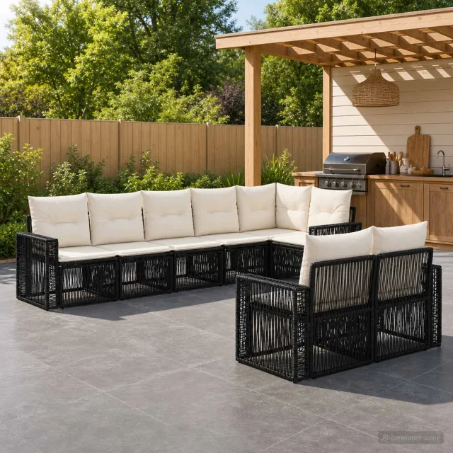 vidaXL Tuinbankenset 8 st 8-zits Zwart en Cream Wit poly rattan, foto 2
