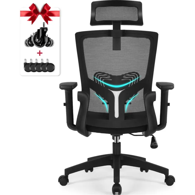 Elekiatech Ergonomische Bureaustoel - Bureaustoel - Bureaustoelen voor Volwassenen - met Verstelbare Hoofdsteun, Armleuningen en Lendensteun - 150 Kg - Zwart