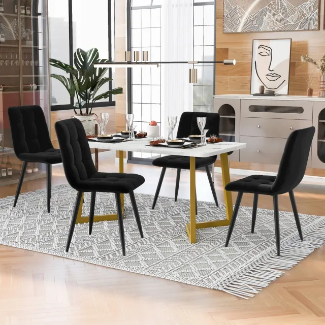 MODENUIT Eettafelset - Rechthoekige Tafel Met 4 Stoelen - Voor Keuken En Eetkamer - MDF En Fluweel - Goud Zwart