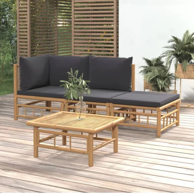 vidaXL 4-delige Loungeset met kussens bamboe donkergrijs bruin, foto 2