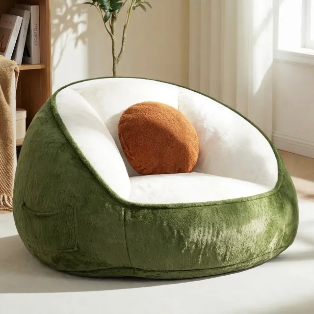 Hommpa XXL Zitzak Avocadogroen – Memory Foam Relaxstoel met Rugleuning – Kunstkonijnenbont Hoes – Inclusief Kussen & Zijvak – 120×110×80 cm