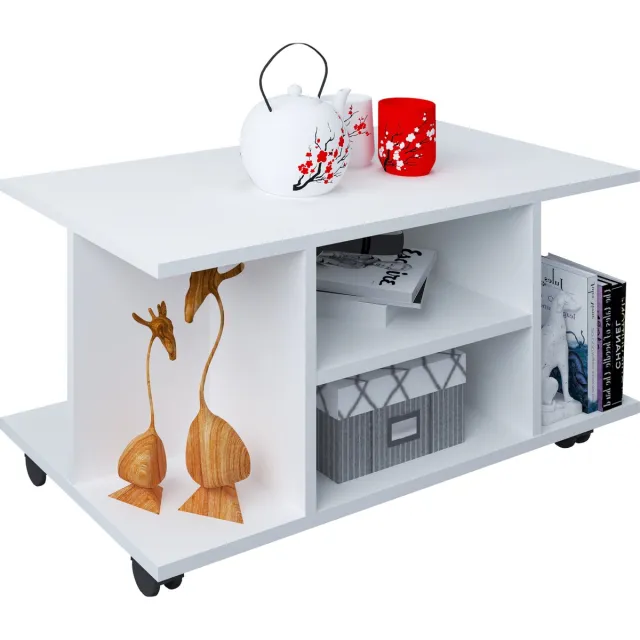 Vcm Houten bijzettafel salontafel salontafel tafel woonkamer tafel wielen oprolbaar Findula Wit