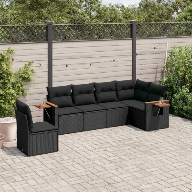 vidaXL 6-delige Loungeset met kussens poly rattan zwart, foto 2