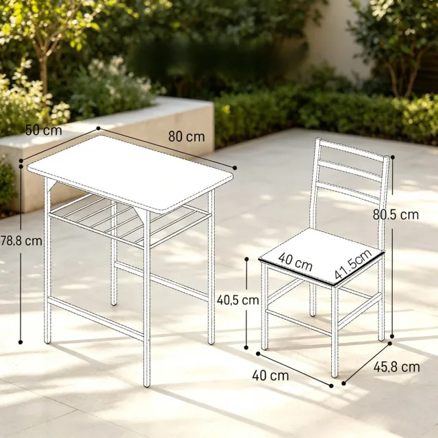 FloraGrace Set Tafel En Stoelen – 1 Tafel En 2 Stoelen – Ruimtebesparend Met Opbergrek Onder De Tafel – Voor Kleine Ruimtes – Metaal En Spaanplaat – Zwart En Rustiek Bruin