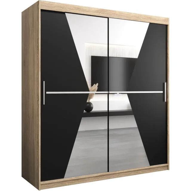 InspireME Kledingkast met 2 schuifdeuren, Modern-stijl, Een kledingkast met planken en een spiegel (BxHxD): 180x200x62 - TOTO 180 Sonoma Eik + Zwart Mat met 4 lades