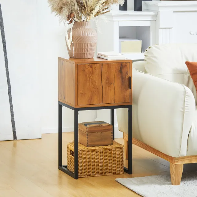 Wishdor Sidetable - Smal model met opbergkast - Industriële stijl - Voor hal woonkamer of slaapkamer - Houtlook en metaal - Naturel hout - 40 x 30 x 76 cm