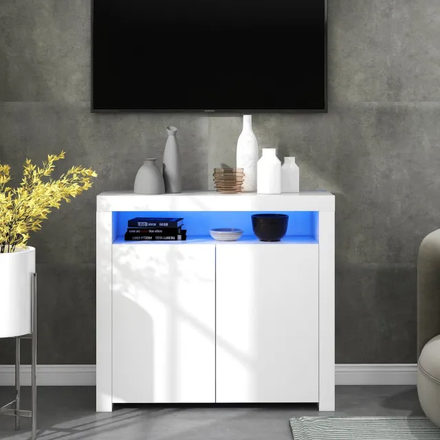 MEUNIQ dressoir 108 x 40 x 92 cm met LED-verlichting, 2 deuren en open vak, hoogglans wit sideboard voor woonkamer, hal of eetkamer White