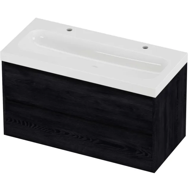 Proline Haga Badmeubelset Polystone Mezza 2 Kraangaten Greeploos 100x46x58 cm Glans Wit Black Oak