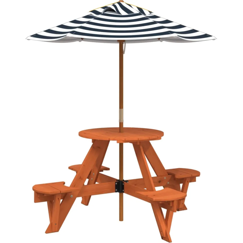 vidaXL Picknicktafel voor 4 kinderen met parasol rond vurenhout bruin, foto 3