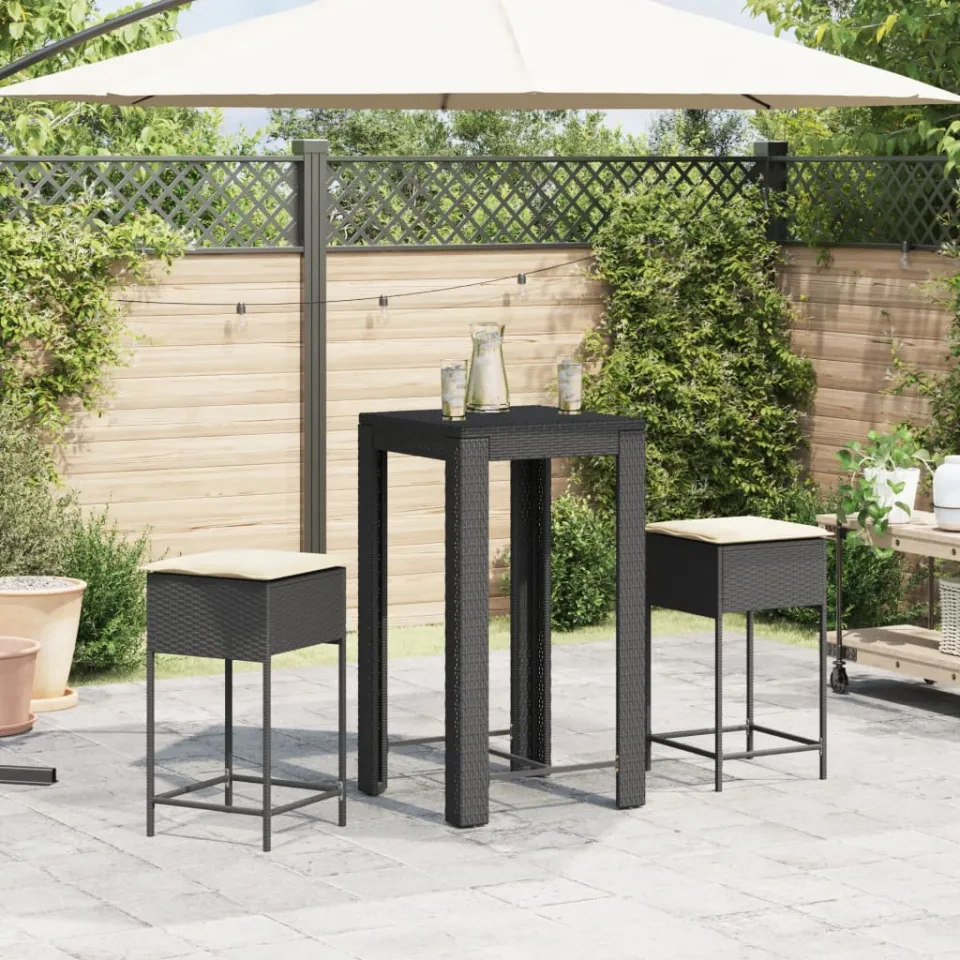 vidaXL 3-delige Tuinbarset met kussens poly rattan zwart, foto 2