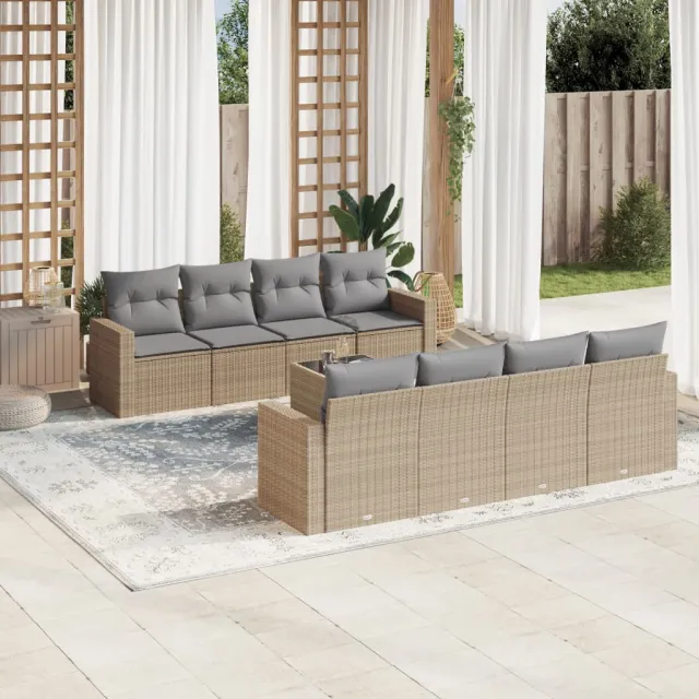 vidaXL 9-delige Loungeset met kussens poly rattan beige, foto 2