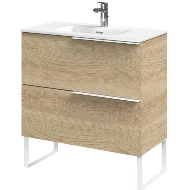 Tiger Pocket Meubelset 80 cm met 2 lades Naturel eik incl Calpe wastafel en loop-poten Hoogglans wit - 800303 Eiken