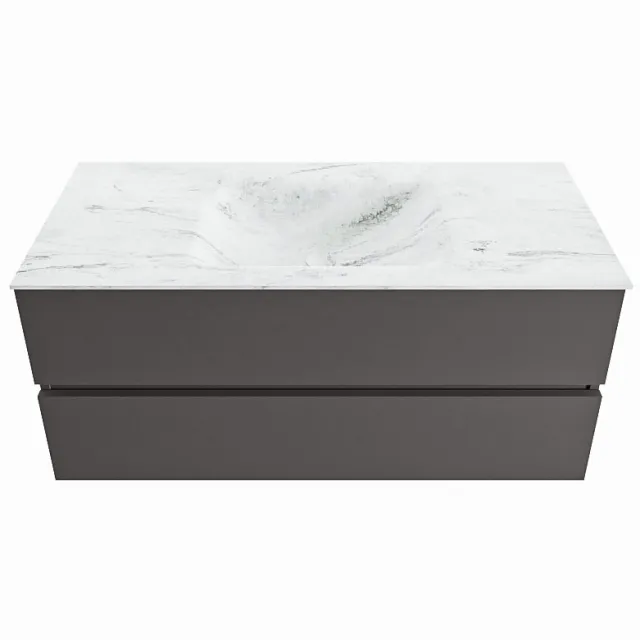 Mondiaz VICA-DLUX 110cm badmeubel onderkast Dark grey 2 lades. Inbouw wastafel CLOUD midden 1 kraangat, kleur Opalo.