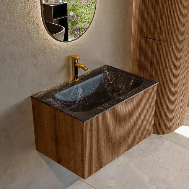 Mondiaz KURVE-DLUX 70 cm Onderkast Greeploos 1 Lade Zonder Deuren Walnut, Wastafel Solid Surface Volledig Lava 1 Kraangat Zonder Spiegel (KRVBGS701L0D1KM-Wal/Lav)