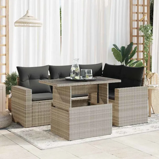 vidaXL 5-delige Loungeset met kussens poly rattan lichtgrijs grijs, foto 2