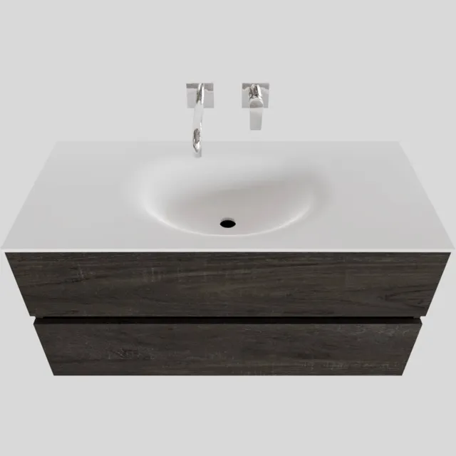 Boss & Wessing Badkamermeubel Solid Surface BWS Stockholm 100x46 cm Midden Wood Dark Brown (0 kraangaten) Houtlook