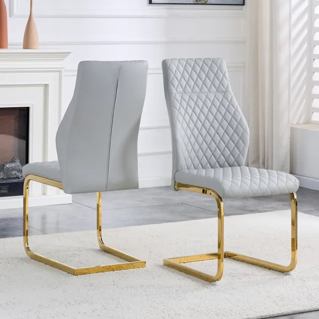 Welltin Eetkamerstoelen - Set Van 2 - Gestoffeerde eetkamerstoel - Eettafelstoel - Eetkamerstoelen - Met hoge rugleuning - PU - Antislip - Metalen stoelpoten - Modern Design - Goud, lichtgrijs