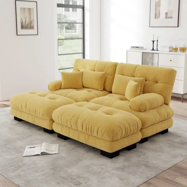 HAUSS SPOLE Hoekbank - Modulaire Cloud Bank - Met Verplaatsbare Ottomans En Kussens - Voor Woonkamer En Kantoor - Chenille Geel