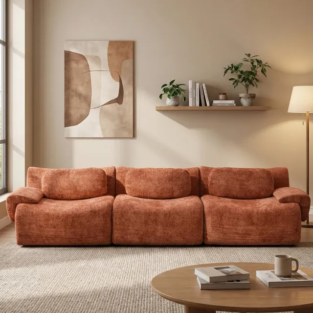 OKWISH Zitbank 288 bij 101 bij 69 cm - 3 Zitplaatsen met Brede Armleuningen en Dikke Zitkussens - Voor de Woonkamer - Chenille - Oranje