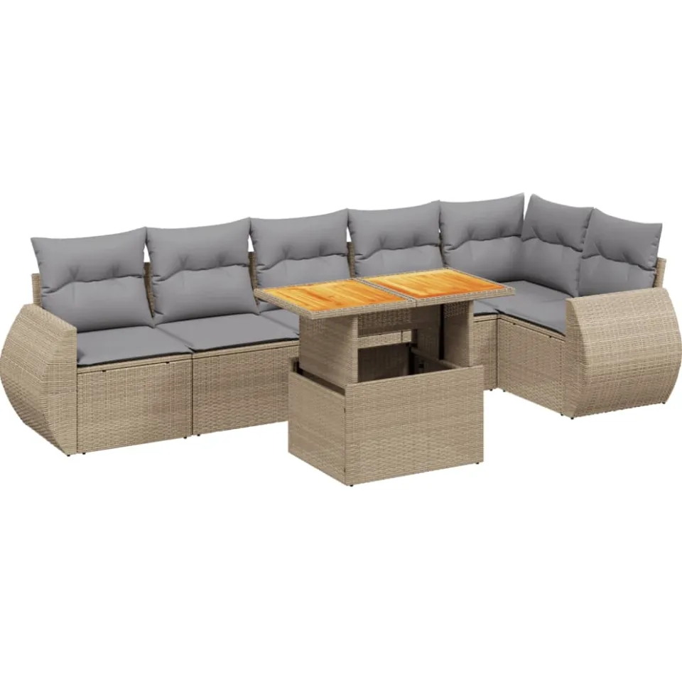 vidaXL 7-delige Loungeset met kussens poly rattan beige, foto 3