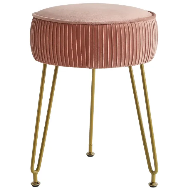 Famanu Fluwelen ronde voetensteun kruk, make-up bijzettafel, poef met gouden stalen poten, roze