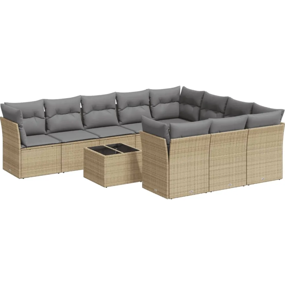 vidaXL 11-delige Tuinset met kussens poly rattan beige