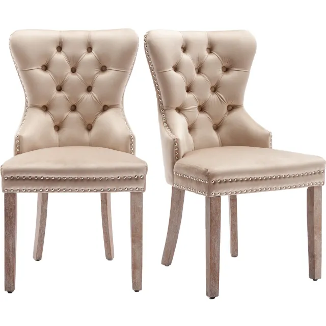 SONNENH Eetkamerstoelen set van 2 met beige velvet, knopenrug, zilverkleurige sierring en houten poten Beige en naturel houtkleur