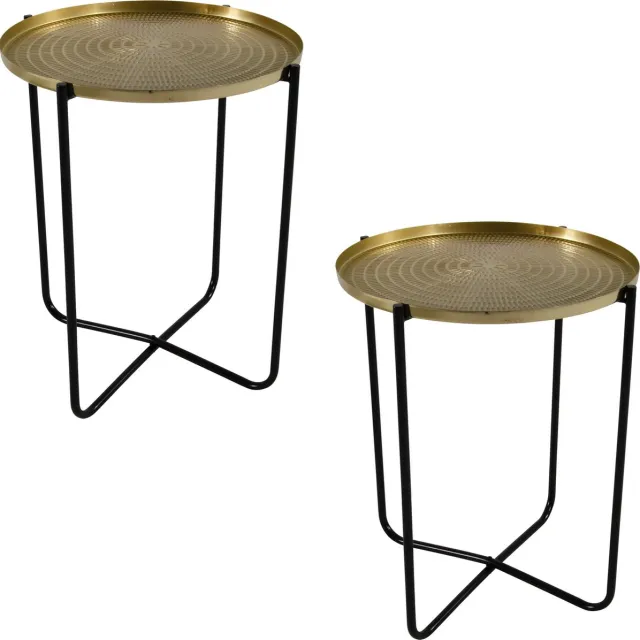 Lesliliving Lesli Living Bijzettafel/plantenstandaard - 1x - goud/zwart - rond - metaal - 50 cm Goudkleurig