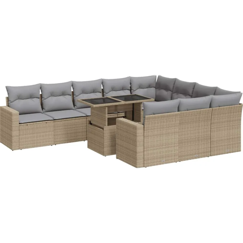 vidaXL 11-delige Tuinset met kussens poly rattan beige, foto 3