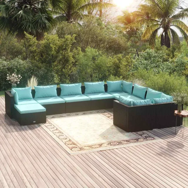 vidaXL 10-delige Loungeset met kussens poly rattan zwart, foto 2