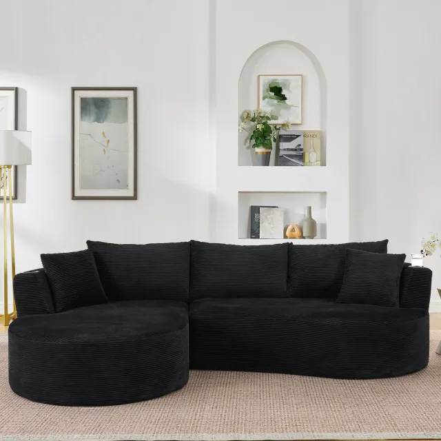 MIVRAY Hoekbank 264 x 168 x 76 cm - Gebogen Design Met Linker Chaise Longue, Bekerhouders En Kussens - Voor Woonkamer En Kantoor - Corduroy Zwart
