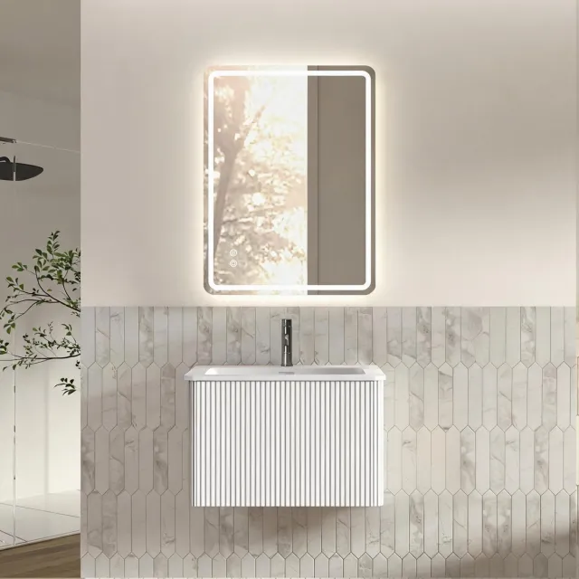FloraGrace Badkamermeubelset - Wandhangend Met Led Spiegel En Geïntegreerde Wastafel - Modern Met Verticale Ribbels - Wit - 60 Cm