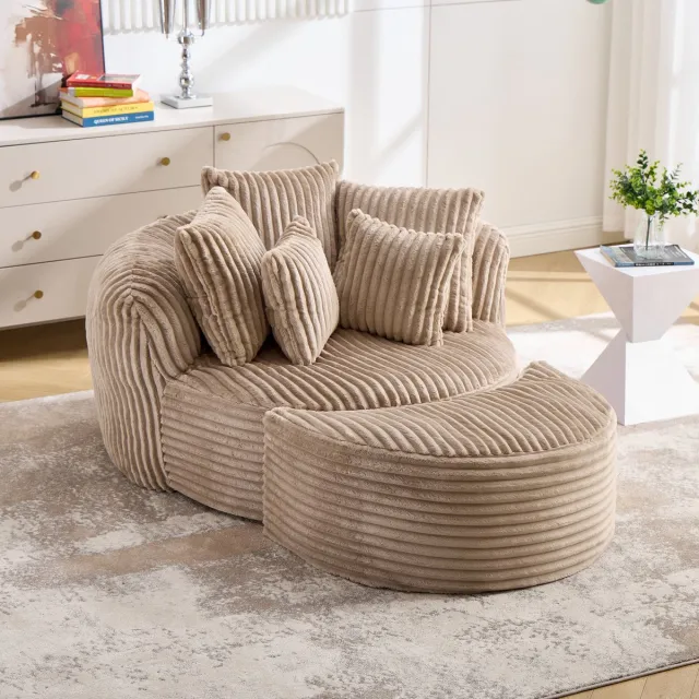 STILVORA Fauteuil 168 Bij 123 Bij 63 cm - Loungestoel Met Hocker En Vijf Kussens - Voor Woonkamer En Slaapkamer - Chenille - Camel En Bruin Camel+Brown