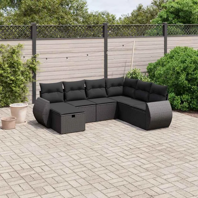vidaXL 7-delige Loungeset met kussens poly rattan zwart, foto 2