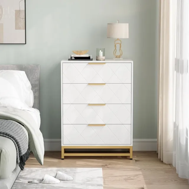 Danky Ladekast met 4 Laden - Moderne Commode - wit met Gouden Handgrepen - Nachtkastje & Opbergkast voor Slaapkamer & Woonkamer - Elegant Design