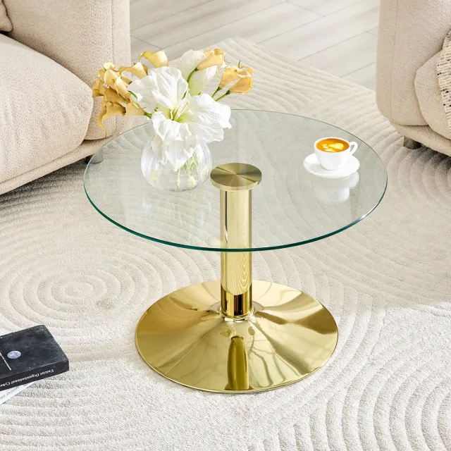 Wishdor Ronde salontafel - Geharde glasplaat en metalen basis - Modern en onderhoudsvriendelijk - Woonkamer lounge - Glas en metaal - Goud - Ø 70 x 45 cm Gold