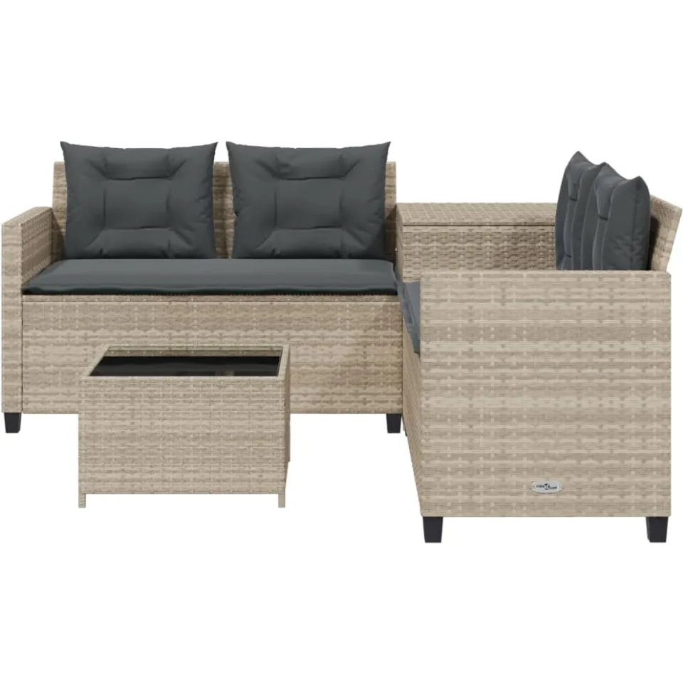 vidaXL Tuinbank met tafel en kussens L-vormig poly rattan lichtgrijs grijs, foto 3
