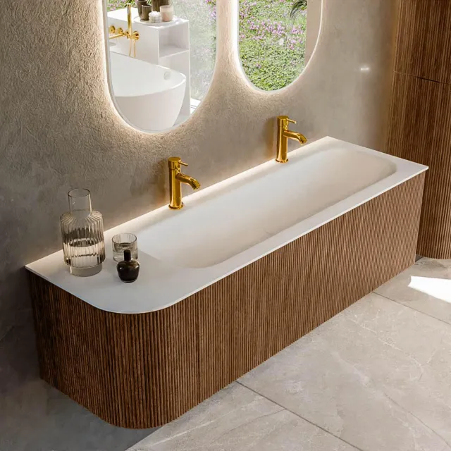 Mondiaz KURVE 145 cm Onderkast Greeploos 1 Lade Met Deuren Walnut, Wastafel Solid Surface Rechts Talc 2 Kraangaten Zonder Spiegel (KRVBGL145L1L1D2KR-Wal/Tal)