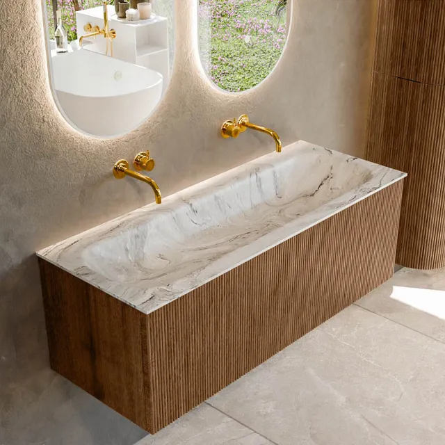 Mondiaz KURVE-DLUX 120 cm Onderkast Greeploos 1 Lade Zonder Deuren Walnut, Wastafel Solid Surface Volledig Glace 0 Kraangaten Zonder Spiegel (KRVBGL1201L0D0KM-Wal/Gla)