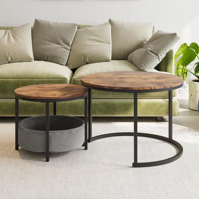 MEUNIQ Ronde salontafelset van 2, nesttafels met metalen frame, houtkleurig tafelblad en stoffen opbergtas, industrieel, antiekbruin, voor de woonkamer