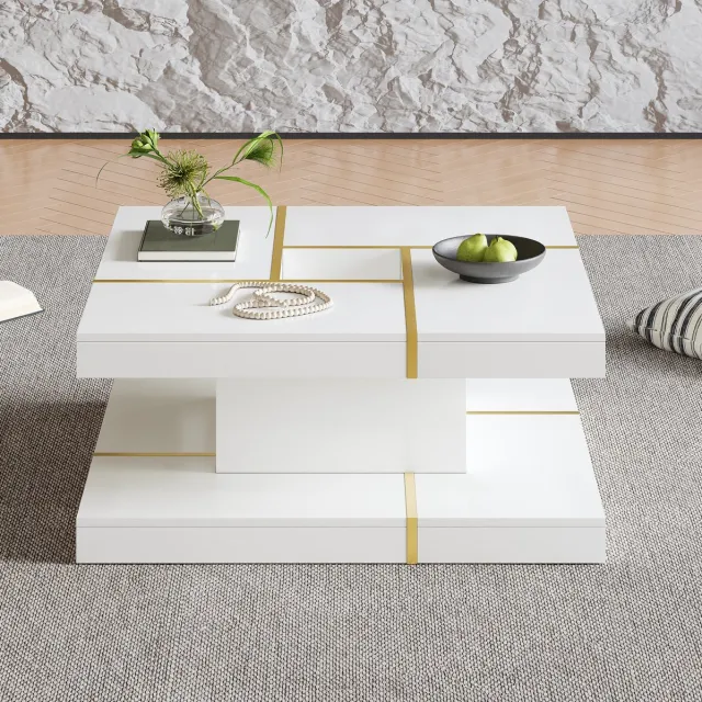 REDOM Salontafel - Dubbel niveau met opbergruimte - Centrale steunpilaar - Gouden metalen randafwerking - Moderne stijl - Woonkamer - Spaanplaat - Wit - 80 x 80 x 38 cm